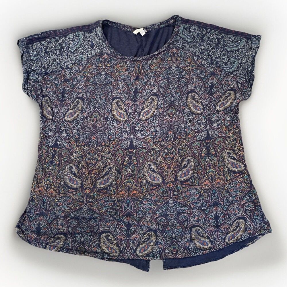 Lucky Brand‎ Women's Shirt Size 2X Blue Green Paisley Art Print Western Boho Top